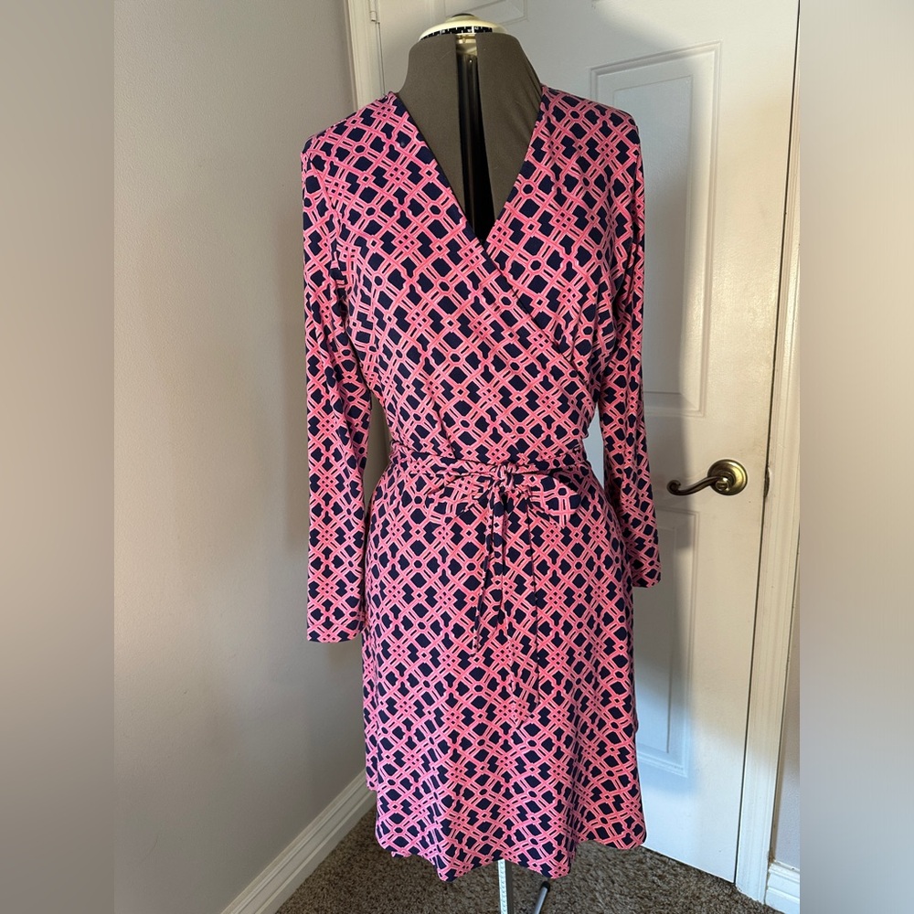 Vineyard Vines Hot Pink & Navy Long-Sleeve Stretchy Wrap Dress